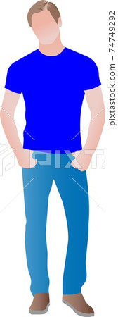 The young man standing there is a blond man in a blue Tshirt and jeans. 74749292