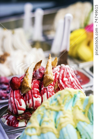 mixed colourful gourmet ice cream sweet gelato in shop display mixed colourful gourmet ice cream sweet gelato in shop display 74749615