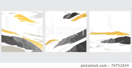 Abstract landscape background with black brush stroke element vector. Mountain forest art with gold foil texture in vintage style. Abstract landscape background with black brush stroke element vector. Mountain forest art with gold foil texture in vintage style. 74752834