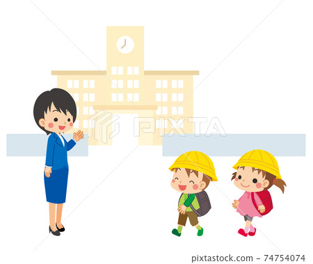 可愛的風景白色背景上學的小學學生和老師在學校的插圖 可愛的風景白色背景上學的小學學生和老師在學校的插圖 74754074