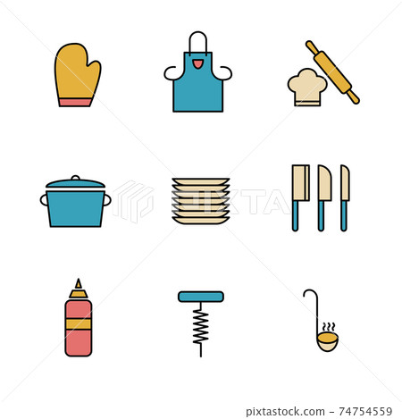 Set of Simple colored kitchen utensils icon in trendy line style isolated on white background for web apps and mobile concept. Vector Illustration Set of Simple colored kitchen utensils icon in trendy line style isolated on white background for web apps and mobile concept. Vector Illustration 74754559