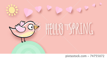 Hello spring label with spring birds and flowers on a soft pastel pink background. Hello spring simple cut paper style illustration design template 74755872