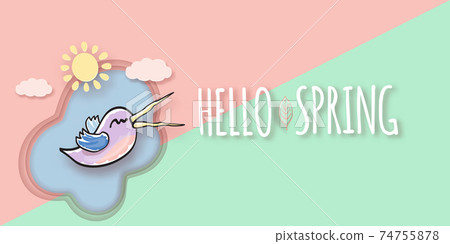 Hello spring label with spring birds and flowers on a soft pastel pink background. Hello spring simple cut paper style illustration design template Hello spring label with spring birds and flowers on a soft pastel pink background. Hello spring simple cut paper style illustration design template 74755878