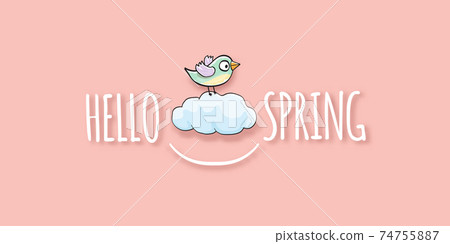 Hello spring label with spring birds and flowers on a soft pastel pink background. Hello spring simple cut paper style illustration design template 74755887