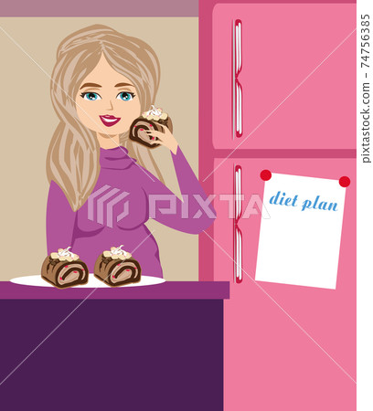 fat woman eats cake at night 74756385