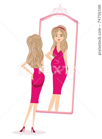 unhappy girl is looking at herself in the mirror 74756386