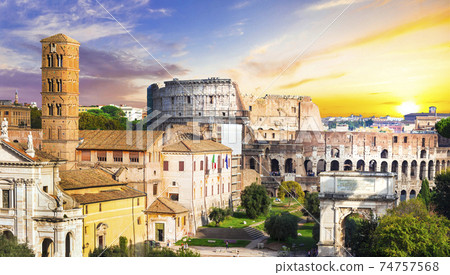 Roman forums and Colosseum over sunset Roman forums and Colosseum over sunset 74757568