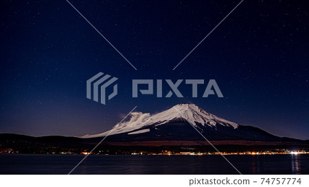 Lake Yamanaka, street lights and Mt. Fuji in the midwinter (stars in the sky) 74757774