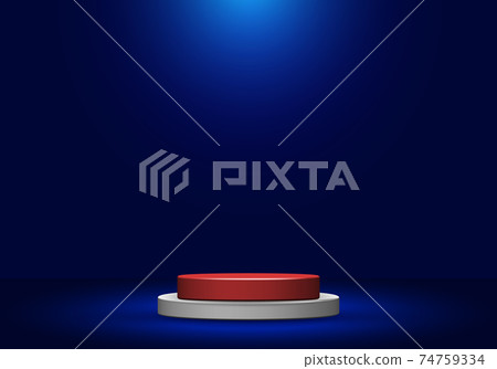 3d realistic white and red round shape pedestal with spotlight on blue studio room background 3d realistic white and red round shape pedestal with spotlight on blue studio room background 74759334