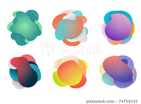 Badges set of fluid or liquid gradient shapes elements with halftone effect isolated on white background. 74759335