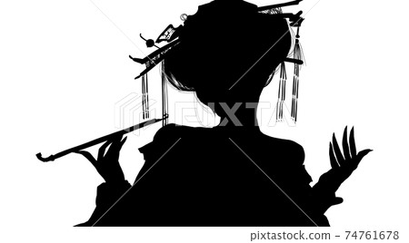Monochrome cutout-style silhouette illustration of a kabuki actor playing the role of a courtesan geisha in the Yoshiwara red-light district steaming a smoke pipe 74761678