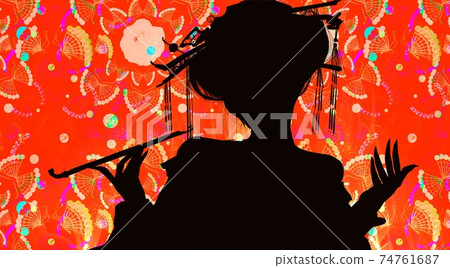 日式屏風背景,以鏤空式插圖描繪燃燒的火焰和吉原由角的妓女剪影 日式屏風背景,以鏤空式插圖描繪燃燒的火焰和吉原由角的妓女剪影 74761687