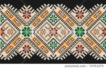 Embroidered good like old handmade cross-stitch ethnic Ukraine pattern. Ukrainian towel with ornament, rushnyk called, in vector. Embroidered good like old handmade cross-stitch ethnic Ukraine pattern. Ukrainian towel with ornament, rushnyk called, in vector. 74761979