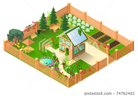 Country house with solar panels on roof and large garden 74762482