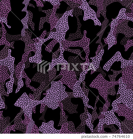 Abstract spotted vector seamless pattern. Different brightness purple colored dotted spots on black background 74764610