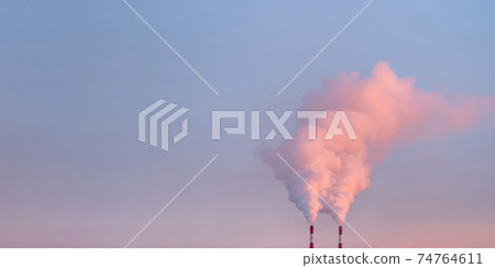 Factory pipes with smoke, frost, sunrise, copy space 74764611
