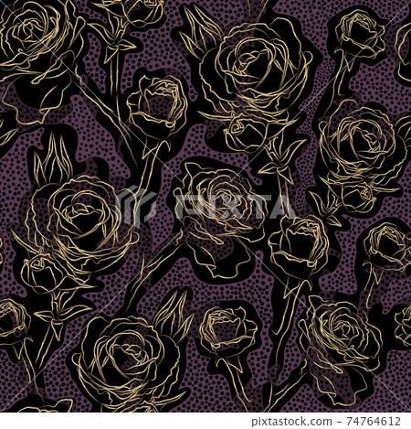 Dark colored floral vector seamless pattern. Golden contours rose flowers on spotted purple and black background 74764612