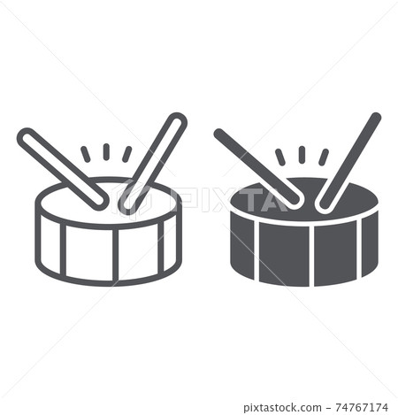 Drum line and glyph icon, music and beat, percussion instrument sign, vector graphics, a linear pattern on a white background. 74767174