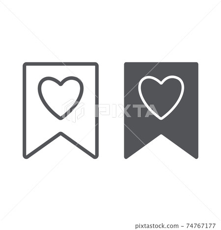 Favourite line and glyph icon, mark and favorite, bookmark with heart sign, vector graphics, a linear pattern on a white background. 74767177