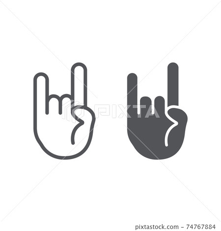 Rock and roll sign line and glyph icon, music and hand, heavy metal gesture sign, vector graphics, a linear pattern on a white background. Rock and roll sign line and glyph icon, music and hand, heavy metal gesture sign, vector graphics, a linear pattern on a white background. 74767884