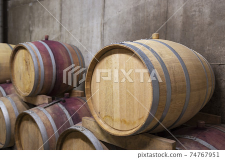 wooden oak barrels in a winery nearby Batorove Kosihy, Slovakia 74767951