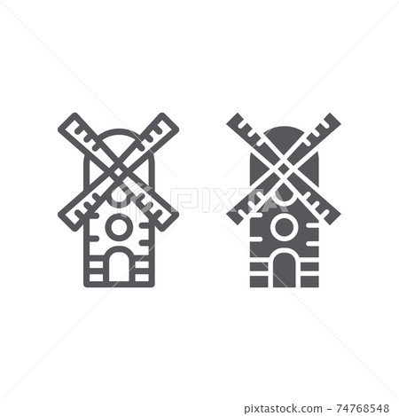 Windmill line and glyph icon, farm and wind, mill sign, vector graphics, a linear pattern on a white background. 74768548