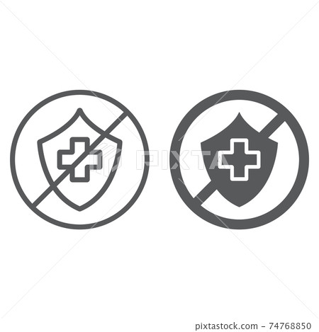 Uninsured line and glyph icon, protection and life, crossed shield sign, vector graphics, a linear pattern on a white background. Uninsured line and glyph icon, protection and life, crossed shield sign, vector graphics, a linear pattern on a white background. 74768850