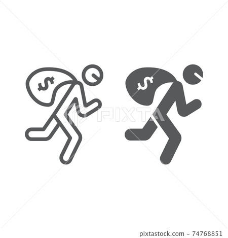 Robbery line and glyph icon, crime and burglary, thief with money bag sign, vector graphics, a linear pattern on a white background. Robbery line and glyph icon, crime and burglary, thief with money bag sign, vector graphics, a linear pattern on a white background. 74768851