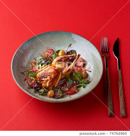 fried quail and fresh vegetables in a plate. red background, food for menu fried quail and fresh vegetables in a plate. red background, food for menu 74768960
