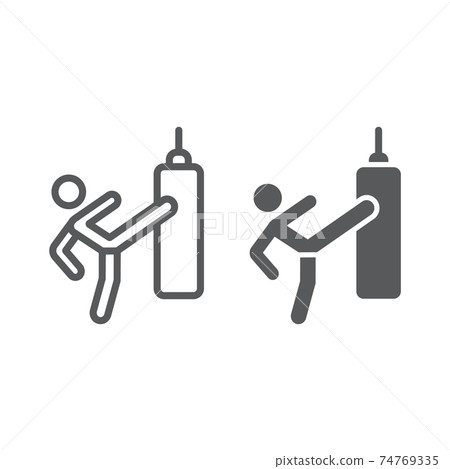 Thai fight line and glyph icon, training and boxer, boxing sign, vector graphics, a linear pattern on a white background. Thai fight line and glyph icon, training and boxer, boxing sign, vector graphics, a linear pattern on a white background. 74769335