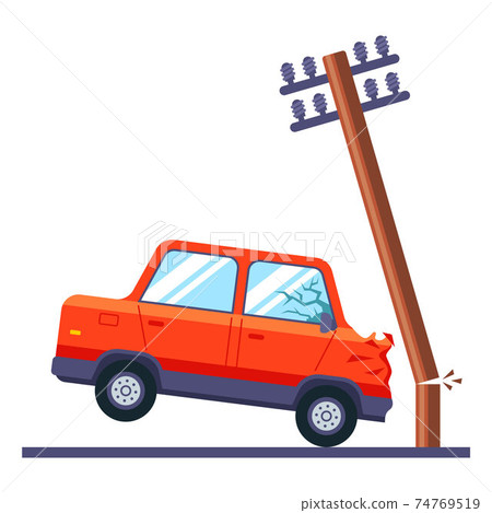 a passenger car crashed into an electric pole and broke it. road traffic accident. a passenger car crashed into an electric pole and broke it. road traffic accident. 74769519