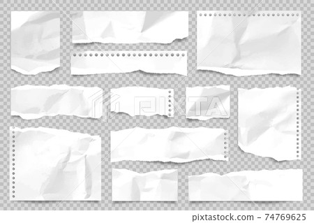 Ripped paper strips isolated on transparent background. Realistic crumpled paper scraps with torn 74769625