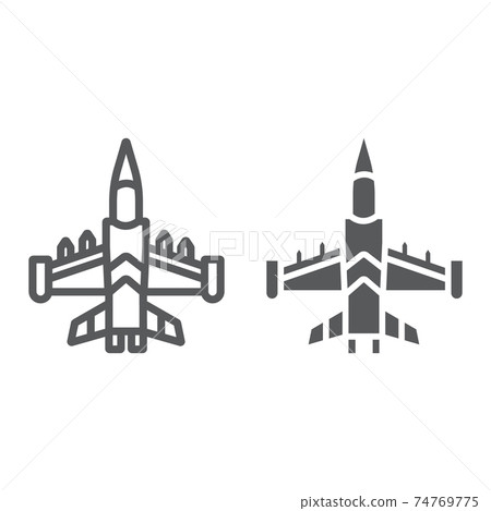 Jet fighter line and glyph icon, army and force, military airplane sign, vector graphics, a linear pattern on a white background. 74769775
