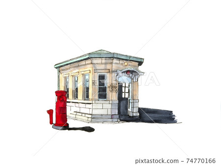 Illustration of a retro police box and a round post 74770166