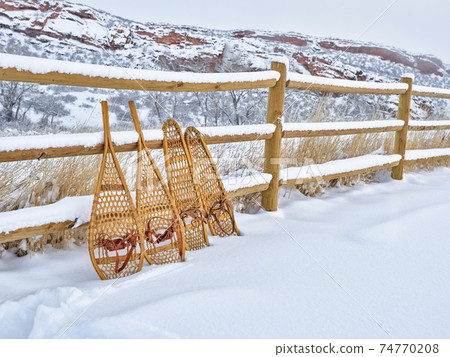 classic wooden snowshoes in winter scenery at Colorado foothills 74770208