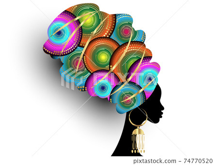 portrait beautiful African woman in traditional turban handmade tribal motif, Kente head wrap African with gold ethnic earrings, black Afro women, vector silhouette isolated on white background portrait beautiful African woman in traditional turban handmade tribal motif, Kente head wrap African with gold ethnic earrings, black Afro women, vector silhouette isolated on white background 74770520
