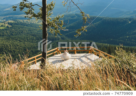 A couple of brides in the picturesque Carpathians, a mountain range of the Ukrainian Carpathians. A couple of brides in the picturesque Carpathians, a mountain range of the Ukrainian Carpathians. 74770909