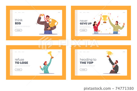 Business Team Project Success Landing Page Template Set. Characters Holding Golden Cups Celebrate Victory, Winners Prize 74771380