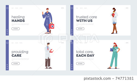 Hospital Healthcare Staff Occupation Landing Page Template Set. Doctor Characters in Medical Robe with Stethoscope, Medics Hospital Healthcare Staff Occupation Landing Page Template Set. Doctor Characters in Medical Robe with Stethoscope, Medics 74771381