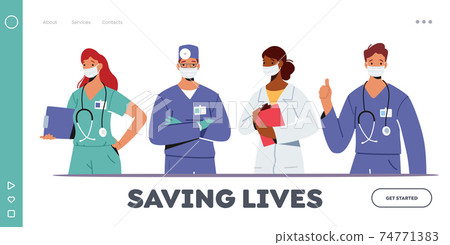 Doctor Characters in Medical Robe in Row Landing Page Template. Hospital Healthcare Staff with Stethoscope, Medics 74771383