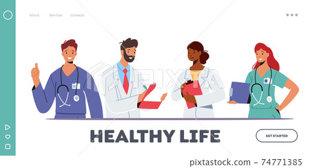 Doctor Characters in Medical Robe in Row Landing Page Template. Hospital Healthcare Staff with Medic Stuff, Physicians Doctor Characters in Medical Robe in Row Landing Page Template. Hospital Healthcare Staff with Medic Stuff, Physicians 74771385