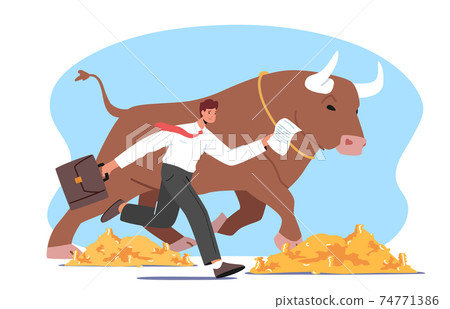 Investment, Bullish Stock Market Trading, Rising Bonds Trend. Successful Businessman Trader Character Holding Briefcase 74771386