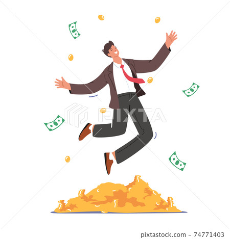 Business Growth, Wealth and Prosperity Concept. Rich Business Man Character Jump on Pile of Golden Coins, Millionaire Business Growth, Wealth and Prosperity Concept. Rich Business Man Character Jump on Pile of Golden Coins, Millionaire 74771403