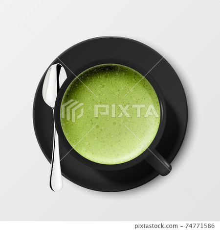 Vector 3d Realistic Ceramic Black Porcelain Ceramic Coffee Mug, Cup, Saucer and Teaspoon Isolated on White Background. Green Milk Foam Matcha. Design Template. Top View 74771586