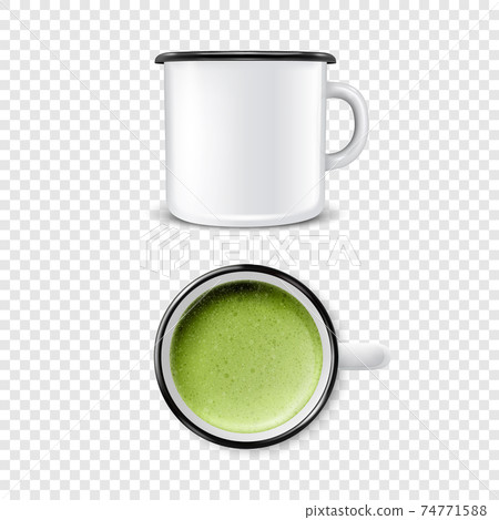 Vector 3d Realistic Enamel Metal Blank White Mug with Green Foam Milk Matcha Inside Isolated on Transparent Background. Front and Top View. Design Template for Mock up Vector 3d Realistic Enamel Metal Blank White Mug with Green Foam Milk Matcha Inside Isolated on Transparent Background. Front and Top View. Design Template for Mock up 74771588
