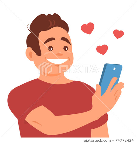 A young man gets likes on social networks. 74772424