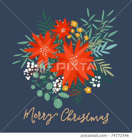 Winter flowers. Hand drawn poinsettia flowers and floral branches and berries, mistletoe, eucalyptus. Christmas florals 74772546