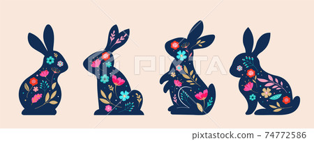 Happy Easter, decorated easter card, banner. Bunnies, Easter eggs, flowers and basket. Folk style 74772586