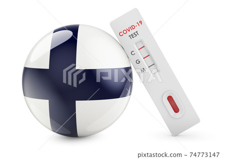 Diagnostic test for coronavirus in Finland. Antibody test COVID-19 with Finnish flag, 3D rendering 74773147