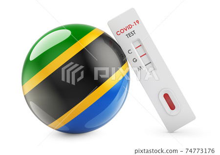 Diagnostic test for coronavirus in Tanzania. Antibody test COVID-19 with Tanzanian flag, 3D rendering 74773176
